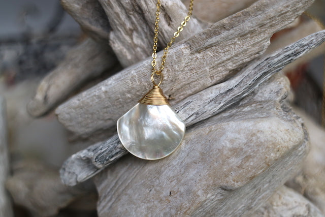 White shell wire wrapped gold necklace