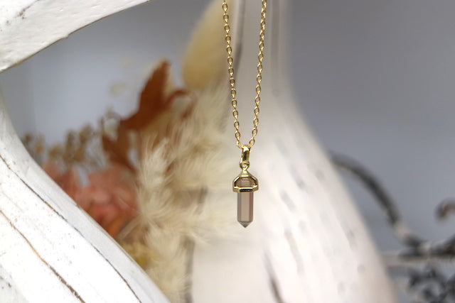 Smoky Quartz crystal point gold necklace