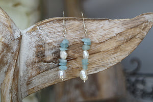 Fresh water pearls and aquamarine silver earrings