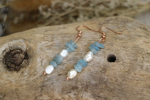 Fresh water pearls and aquamarine rose gold earrings