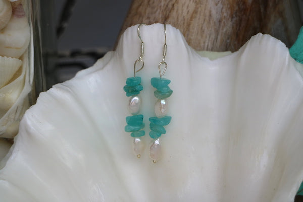 Load image into Gallery viewer, Fresh water pearls and amazonite silver earrings
