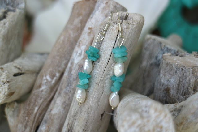 Fresh water pearls and amazonite silver earrings