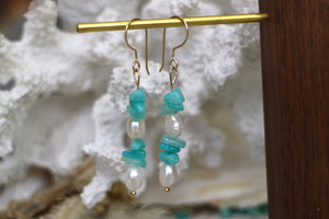 Fresh water pearls and amazonite gold earrings