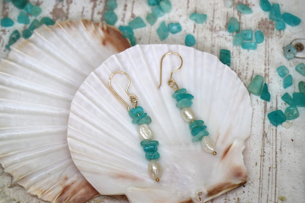 Load image into Gallery viewer, Fresh water pearls and amazonite gold earrings
