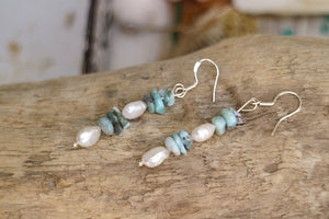 Larimar and pearl silver earrings