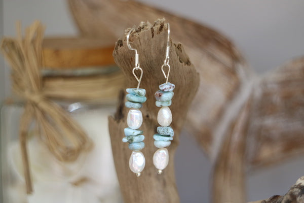 Load image into Gallery viewer, Larimar and pearl silver earrings
