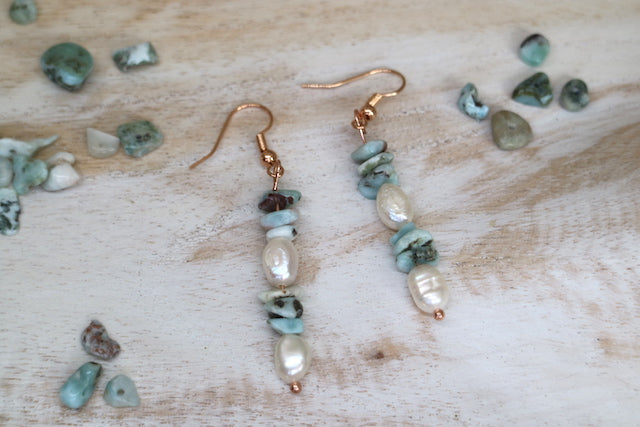 Fresh water pearls and larimar rose gold earrings