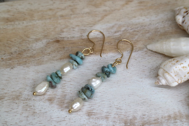 Fresh water pearls and larimar gold earrings