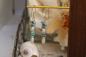 Fresh water pearls and larimar gold earrings