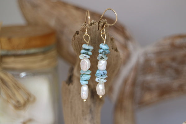 Load image into Gallery viewer, Fresh water pearls and larimar gold earrings
