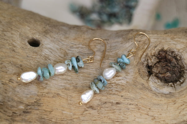 Load image into Gallery viewer, Fresh water pearls and larimar gold earrings
