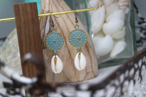 Blue patina and antique bronze shell earrings