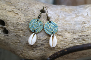 Blue patina and antique bronze shell earrings