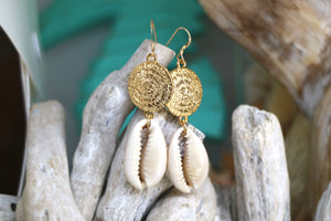 Cowrie shell and gold rune symbol earrings