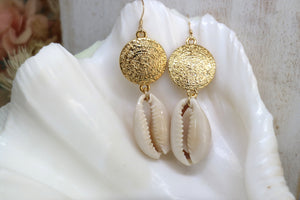 Cowrie shell and gold rune symbol earrings