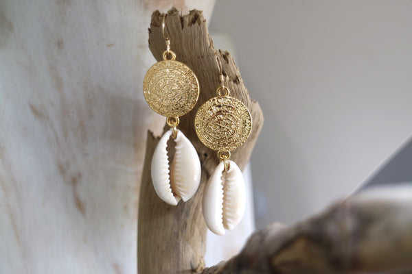 Load image into Gallery viewer, Cowrie shell and gold rune symbol earrings

