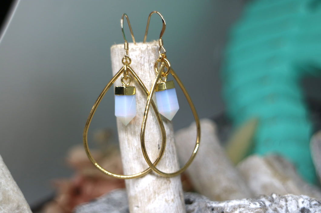 Opalite crystal point gold teardrop hoop earrings