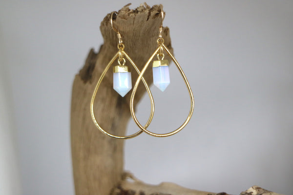 Load image into Gallery viewer, Opalite crystal point gold teardrop hoop earrings
