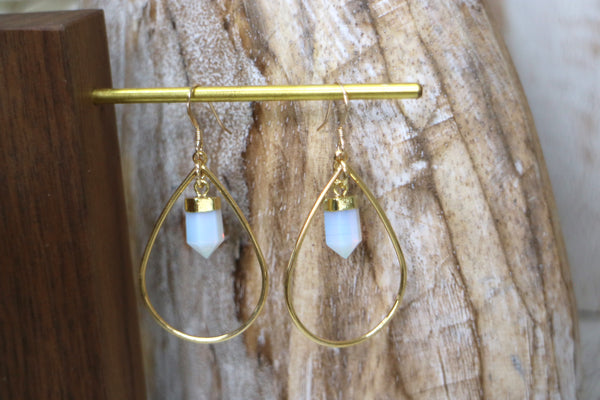 Load image into Gallery viewer, Opalite crystal point gold teardrop hoop earrings
