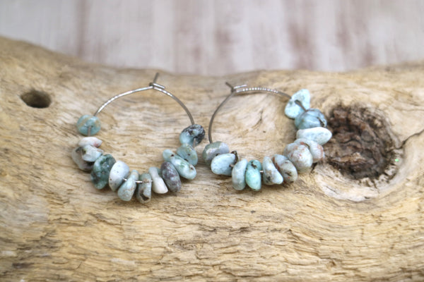 Load image into Gallery viewer, Larimar gemstone chip earrings on stainless steel hoops
