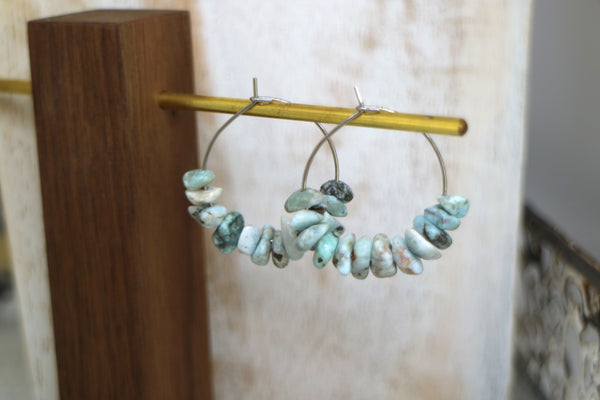 Load image into Gallery viewer, Larimar gemstone chip earrings on stainless steel hoops
