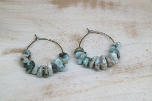 Load image into Gallery viewer, Larimar gemstone chip earrings on stainless steel hoops
