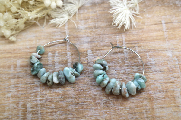 Load image into Gallery viewer, Larimar gemstone chip earrings on stainless steel hoops
