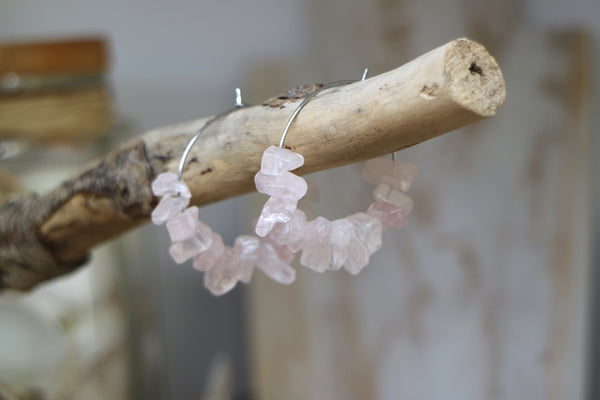 Load image into Gallery viewer, Rose Quartz gemstone chip earrings on stainless steel hoops
