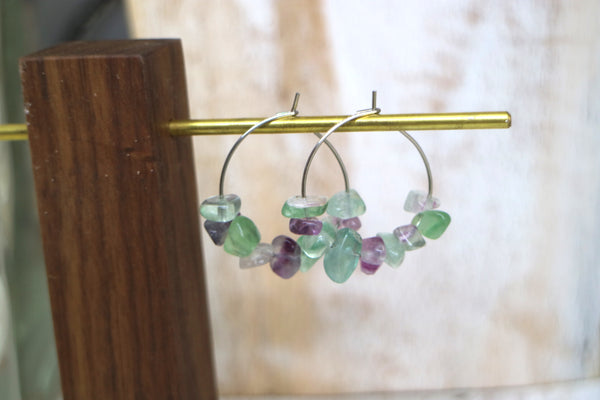 Load image into Gallery viewer, Fluorite gemstone chip earrings on stainless steel hoops
