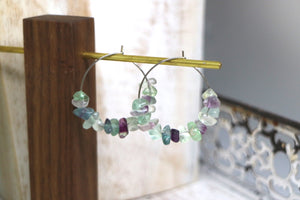 Fluorite gemstone chip earrings on stainless steel hoops