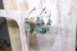 Fluorite gemstone chip earrings on stainless steel hoops