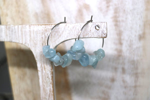 Aquamarine gemstone chip earrings on stainless steel hoops