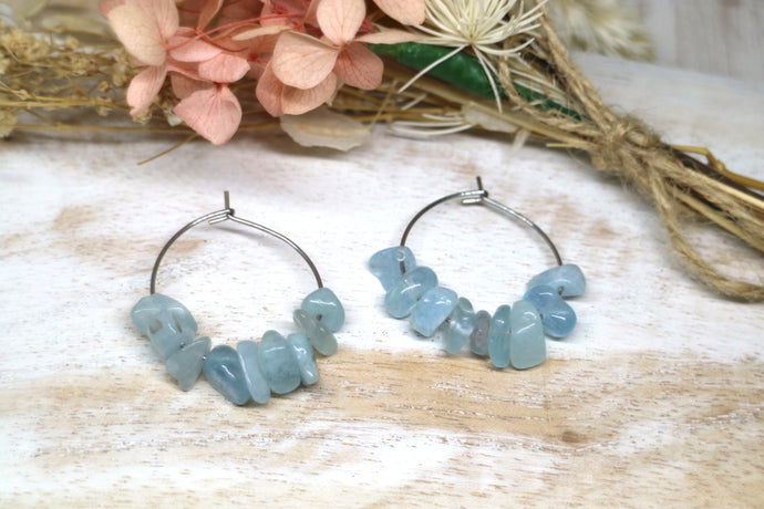 Aquamarine gemstone chip earrings on stainless steel hoops