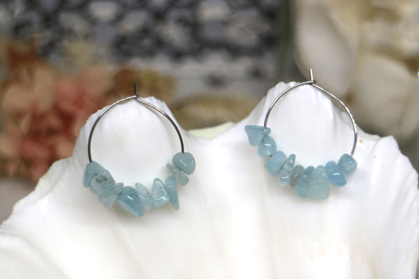 Load image into Gallery viewer, Aquamarine gemstone chip earrings on stainless steel hoops
