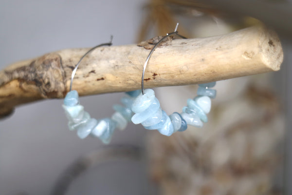 Load image into Gallery viewer, Aquamarine gemstone chip earrings on stainless steel hoops
