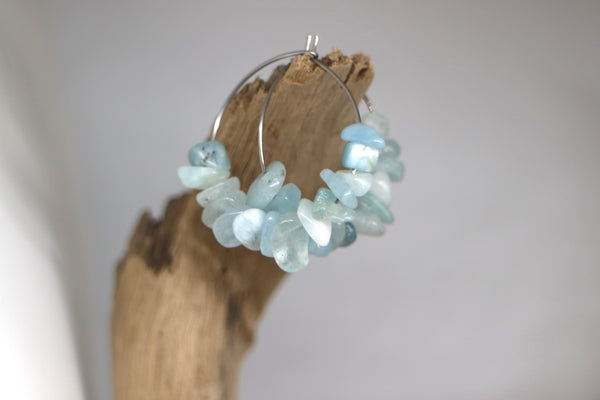 Load image into Gallery viewer, Aquamarine gemstone chip earrings on stainless steel hoops
