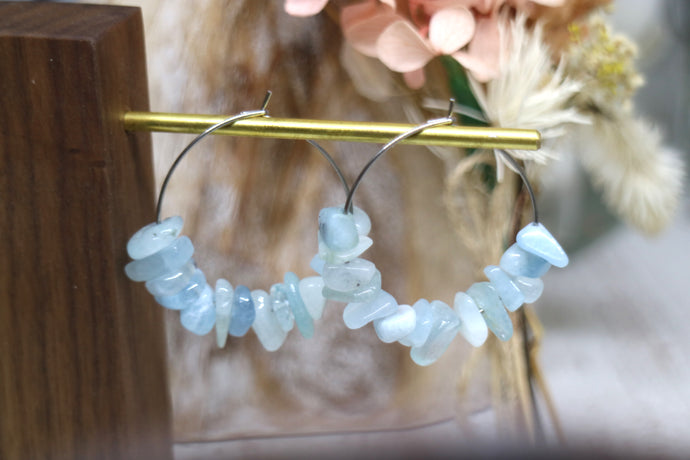 Aquamarine gemstone chip earrings on stainless steel hoops