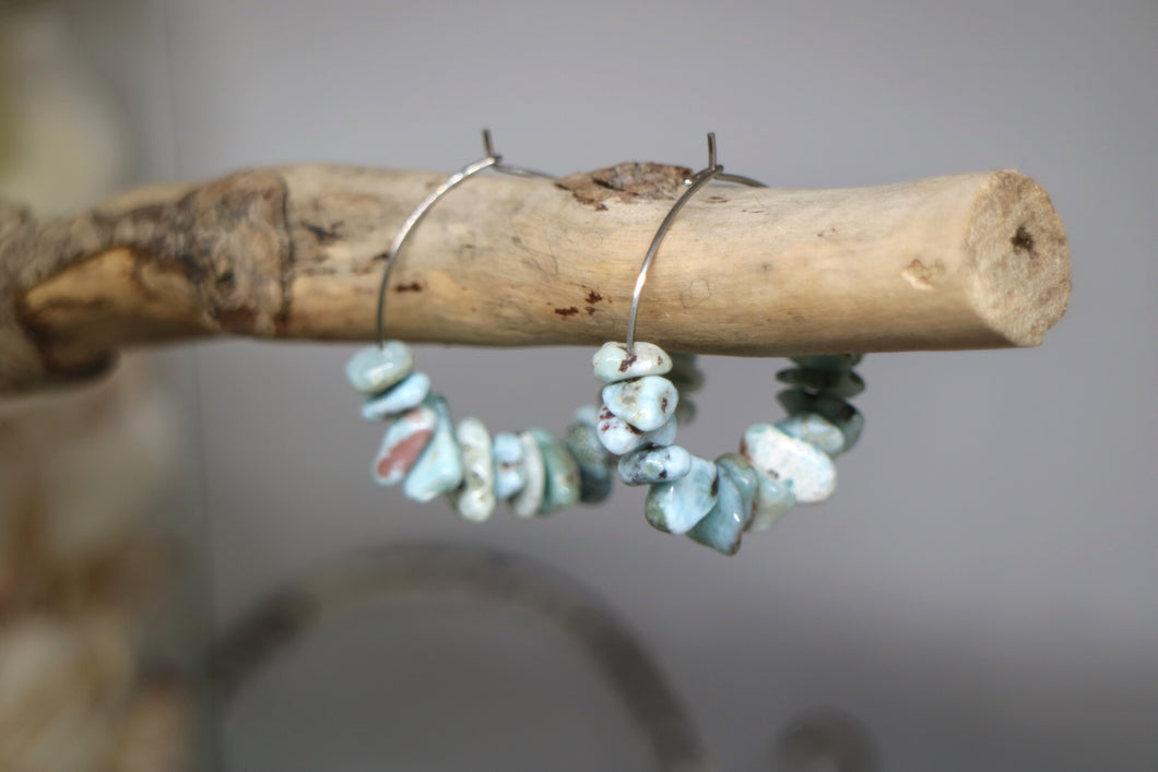 Larimar gemstone chip earrings on stainless steel hoops