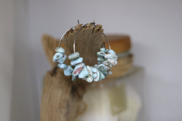 Load image into Gallery viewer, Larimar gemstone chip earrings on stainless steel hoops
