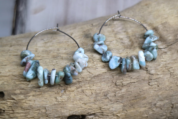 Load image into Gallery viewer, Larimar gemstone chip earrings on stainless steel hoops
