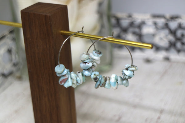 Load image into Gallery viewer, Larimar gemstone chip earrings on stainless steel hoops
