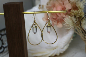 Clear Quartz crystal point gold teardrop hoop earrings