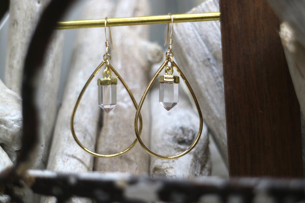 Load image into Gallery viewer, Clear Quartz crystal point gold teardrop hoop earrings
