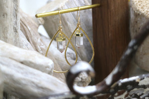 Clear Quartz crystal point gold teardrop hoop earrings