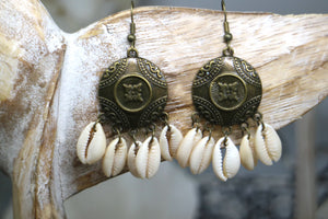 Cowrie shell and antique bronze bohemian earrings