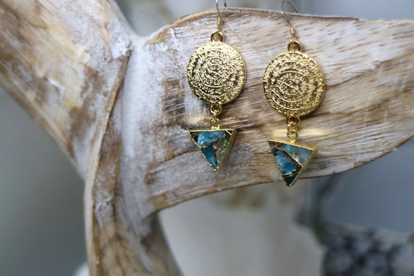 Load image into Gallery viewer, Mohave Turquoise and gold rune symbol earrings
