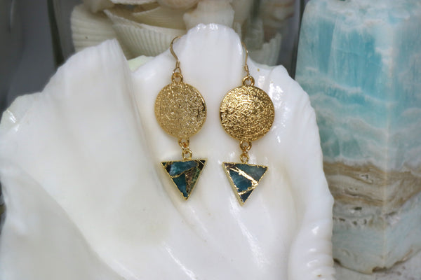 Load image into Gallery viewer, Mohave Turquoise and gold rune symbol earrings
