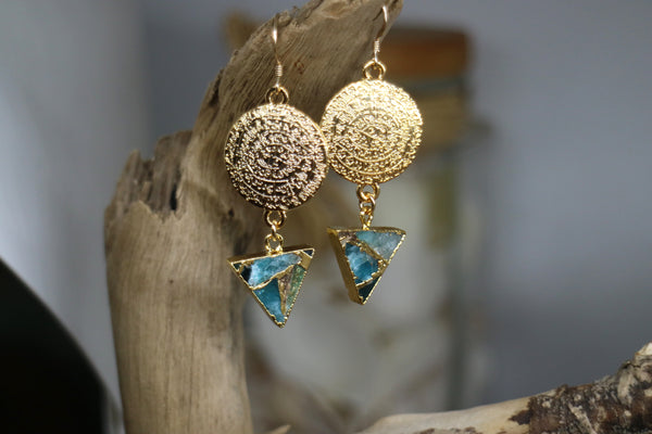 Load image into Gallery viewer, Mohave Turquoise and gold rune symbol earrings
