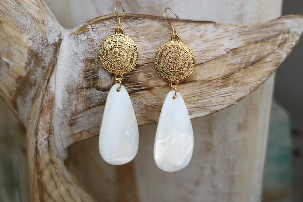 Load image into Gallery viewer, Mother of pearl shell and gold rune symbol earrings
