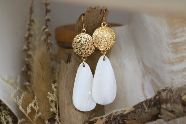Load image into Gallery viewer, Mother of pearl shell and gold rune symbol earrings

